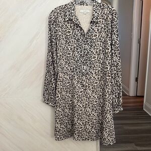 NWOT LOFT Beige Leopard Print Long Sleeve Shirt Dress